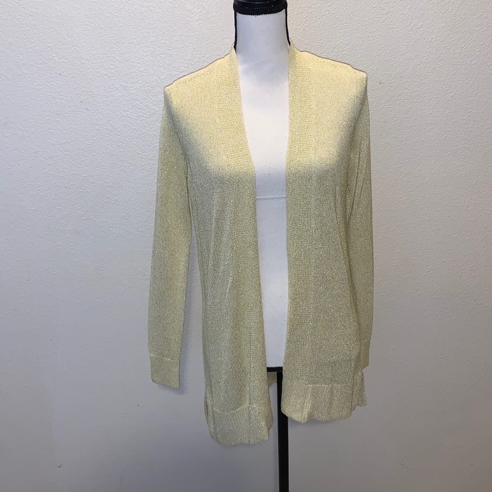 Ann Taylor LOFT gold sparkly open cardigan sweater dressy holiday